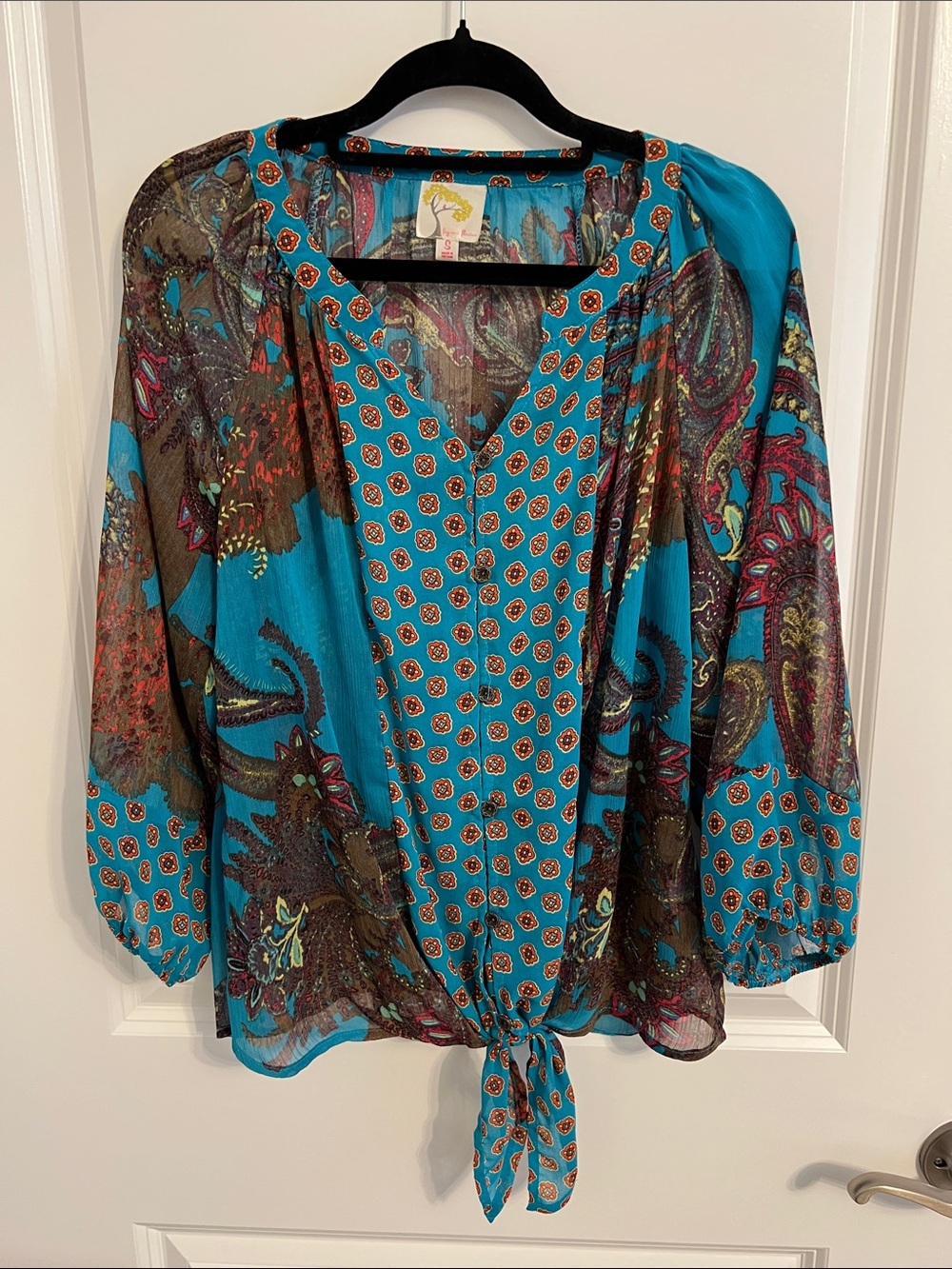 fig and flower Turquoise Paisley Tie-Front Sheer Blouse